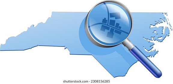 Blue North Carolina map under magnifying glass (cut out)