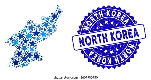 Blue North Korea map collage of stars, and scratched rounded stamp. Abstract geographic scheme in blue color hues. Vector North Korea map is designed of blue stars.