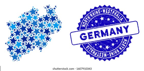 Blue North Rhine-Westphalia Land map mosaic of stars, and scratched rounded stamp seal. Abstract territory scheme in blue color tints. Vector North Rhine-Westphalia Land map is done of blue stars.