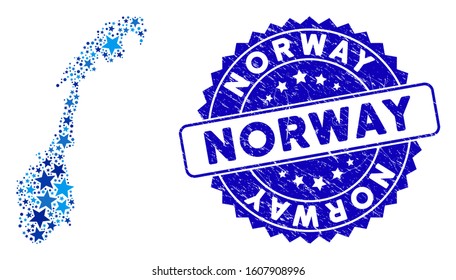 Blue Norway map composition of stars, and grunge round stamp seal. Abstract territory scheme in blue color tinges. Vector Norway map is organized of blue stars.