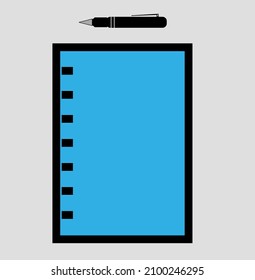 Blue notebook file and pen. Stationary vector icon. simple flat image of paper pad and pen. Writing and journal concept. 