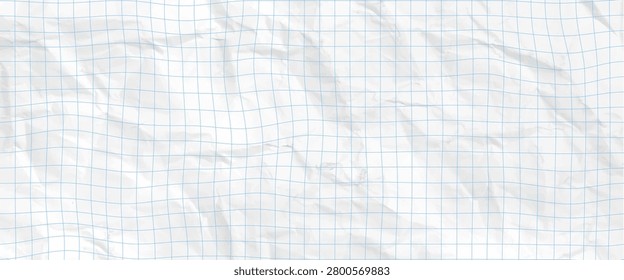 Blue notebook grid pattern. Irregular hand drawn wavy squares on crumpled paper texture. Freehand thin line background. White blank paper sheet. Realistic vector illustration