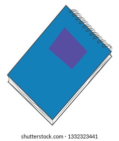 A blue notebook with a little purple rectangle shape in the front cover, vector, color drawing or illustration.