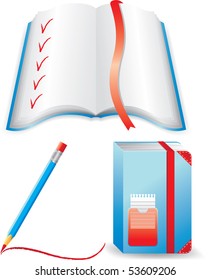 Blue notebook, open book and pencil.  Isolated on a white background. Vector illustration (EPS8). All parts (object) closed, possibility to edit.