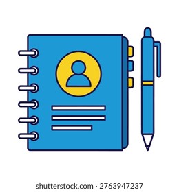 A blue notebook with a pen, featuring a profile icon on the cover, isolated on a transparent background, ideal for business, education, or marketing concepts.
