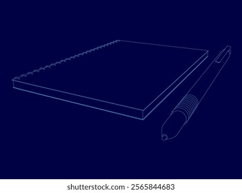 Blue notebook with a pen on top of it. The notebook is open to a page with a single word written on it. The pen is resting on the notebook, with the tip pointing to the word