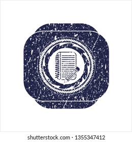 Blue notebook with pencil icon inside rubber grunge stamp