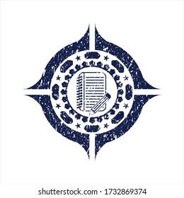 Cuaderno azul con icono de lápiz dentro de la distancia de emergencia con textura de sello de goma. 