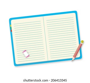 Blue notebook, red pencil and pink eraser, vector design on a white background.