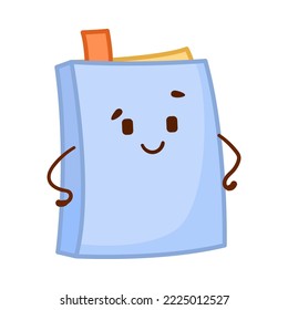 Blue notebook smiling vector illustration. Cute school supply character isolated on white background. Stationery, school concept.