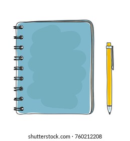 blue notebook and yellow pen hand drawn vector art illustration
