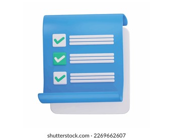 A blue notepad with green check marks and a checklist icon on 3d render