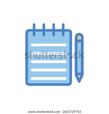 A blue notepad and pencil graphic on a White Background in flat style illustration. The notepad is simple and minimalistic.