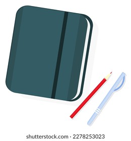 Blue notepad with pencil and pen. Vector illustration flat.