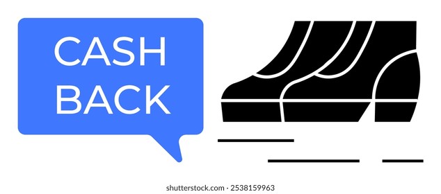 A blue notification bubble with cash back text next to a black and white running shoe. Ideal for e-commerce, promotions, finance, discounts, and online shopping. Simple modern style