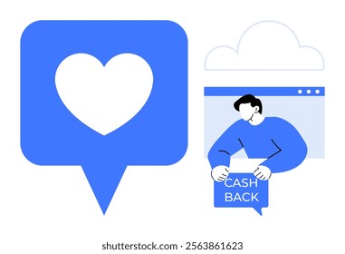 Blue notification with heart next to person holding cashback sign in online window. Ideal for digital marketing, ecommerce, customer engagement, online shopping, mobile apps. Simple flat design