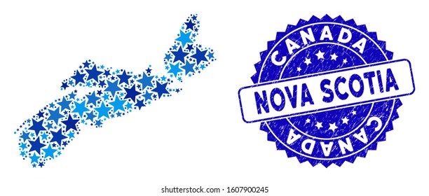Blue Nova Scotia Province map collage of stars, and textured round seal. Abstract territory scheme in blue color tinges. Vector Nova Scotia Province map is designed of blue stars.