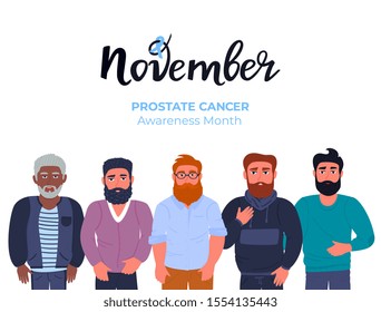 Blue November . A group of bearded men of different nationalities with a mustache . Prostate cancer awareness month. Men's health concept. Ribbon. Trend flat characters. Hand drawn lettering