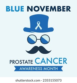 Blue November, Prostate Cancer awareness month , Prostate cancer awareness ribbon with moustaches. Men health symbol. Men cancer prevention in November month.