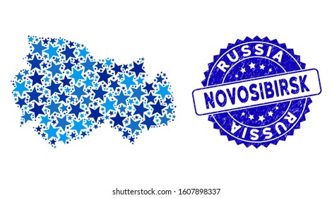 Blue Novosibirsk Region map composition of stars, and distress rounded stamp seal. Abstract territorial plan in blue color tints. Vector Novosibirsk Region map is shaped of blue stars.