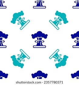 Icono de explosión nuclear azul aislado en un patrón sin fisuras en fondo blanco. Bomba atómica. Símbolo de la guerra nuclear, fin del mundo.  Vector