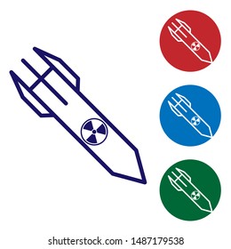 Blue Nuclear rocket icon isolated on white background. Rocket bomb flies down. Set color icons in circle buttons. Vector Illustration