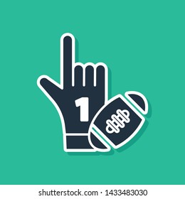 Blue Number 1 one fan hand glove with finger raised and american football ball icon isolated on green background. Set of sport equipment.  Vector Illustration