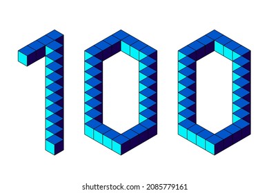 Blue number 100 from cubes isolated on white background. Pixel, 8 bit, isometric style. Vector illustration