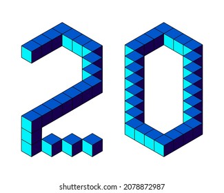 Azul número 20 de cubos aislados en fondo blanco. Pixel, 8 bits, estilo isométrico. Ilustración del vector