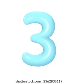 Blue number 3. Plastic volumetric number 1 with highlights. Realistic volume rendering figure. Vector illustration