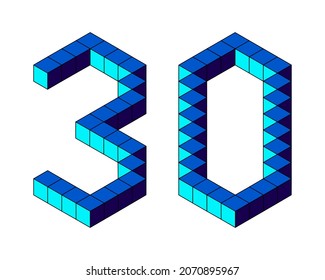 El número azul 30 de los cubos aislados de fondo blanco. Pixel, 8 bits, estilo isométrico. Ilustración del vector