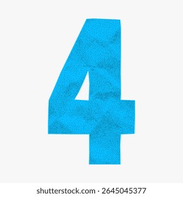 Número 4 azul com superfície amassada e bordas de colagem irregulares. Dígito de desenho animado alegre e peculiar no estilo de recorte colorido da escola.