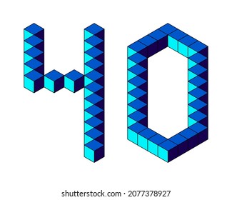 Blue number 40 from cubes isolated on white background. Pixel, 8 bit, isometric style. Vector illustration