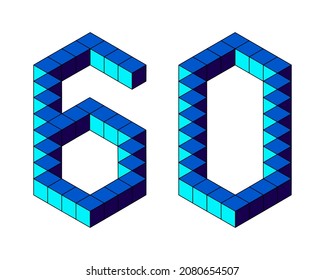 Blue number 60 from cubes isolated on white background. Pixel, 8 bit, isometric style. Vector illustration