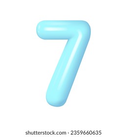 Blue number 7. Plastic volumetric number 1 with highlights. Realistic volume rendering figure. Vector illustration