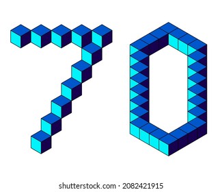 Blue number 70 from cubes isolated on white background. Pixel, 8 bit, isometric style. Vector illustration