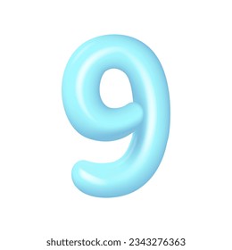 Blue number 9. Plastic volumetric number 1 with highlights. Realistic volume rendering figure. Vector illustration