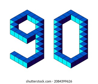 Blue number 90 from cubes isolated on white background. Pixel, 8 bit, isometric style. Vector illustration