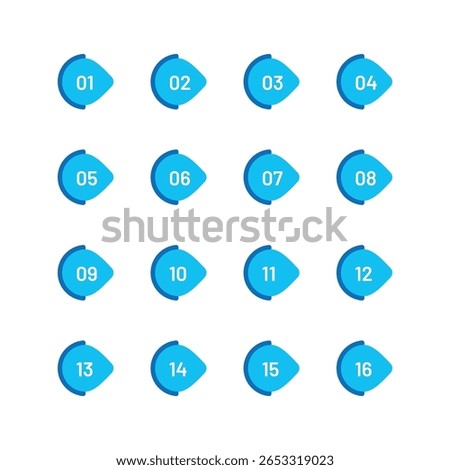 Blue number bullet point 1 to 16 vector set.