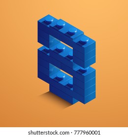 Blue number eight from lego bricks on yellow background. 3d lego number eight