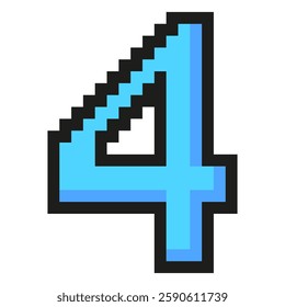 Blue number four pixel art symbol isolated on a white background. Vector 8 bit illustration.