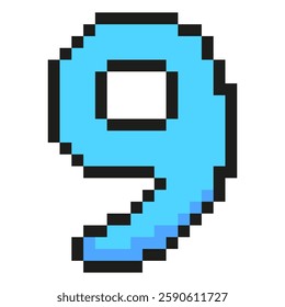 Blue number nine pixel art symbol isolated on a white background. Vector 8 bit illustration.