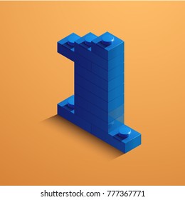 Blue number one from lego bricks on yellow background. 3d lego number one