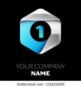 Blue Number One logo symbol in the colorful silver-blue hexagonal shape on black background. Vector template for your design