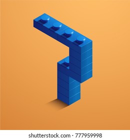 Blue number seven from lego bricks on yellow background. 3d lego number seven