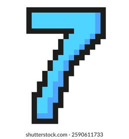 Blue number seven pixel art symbol isolated on a white background. Vector 8 bit illustration.