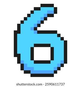 Blue number six pixel art symbol isolated on a white background. Vector 8 bit illustration.