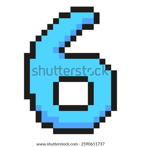 Blue number six pixel art symbol isolated on a white background. Vector 8 bit illustration.