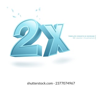 Blue number symbol 2x. 3D vector illustration template. Isolated on white background.