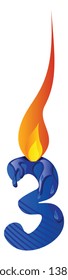 Número azul tres en el vector de ilustración de la llama sobre fondo blanco